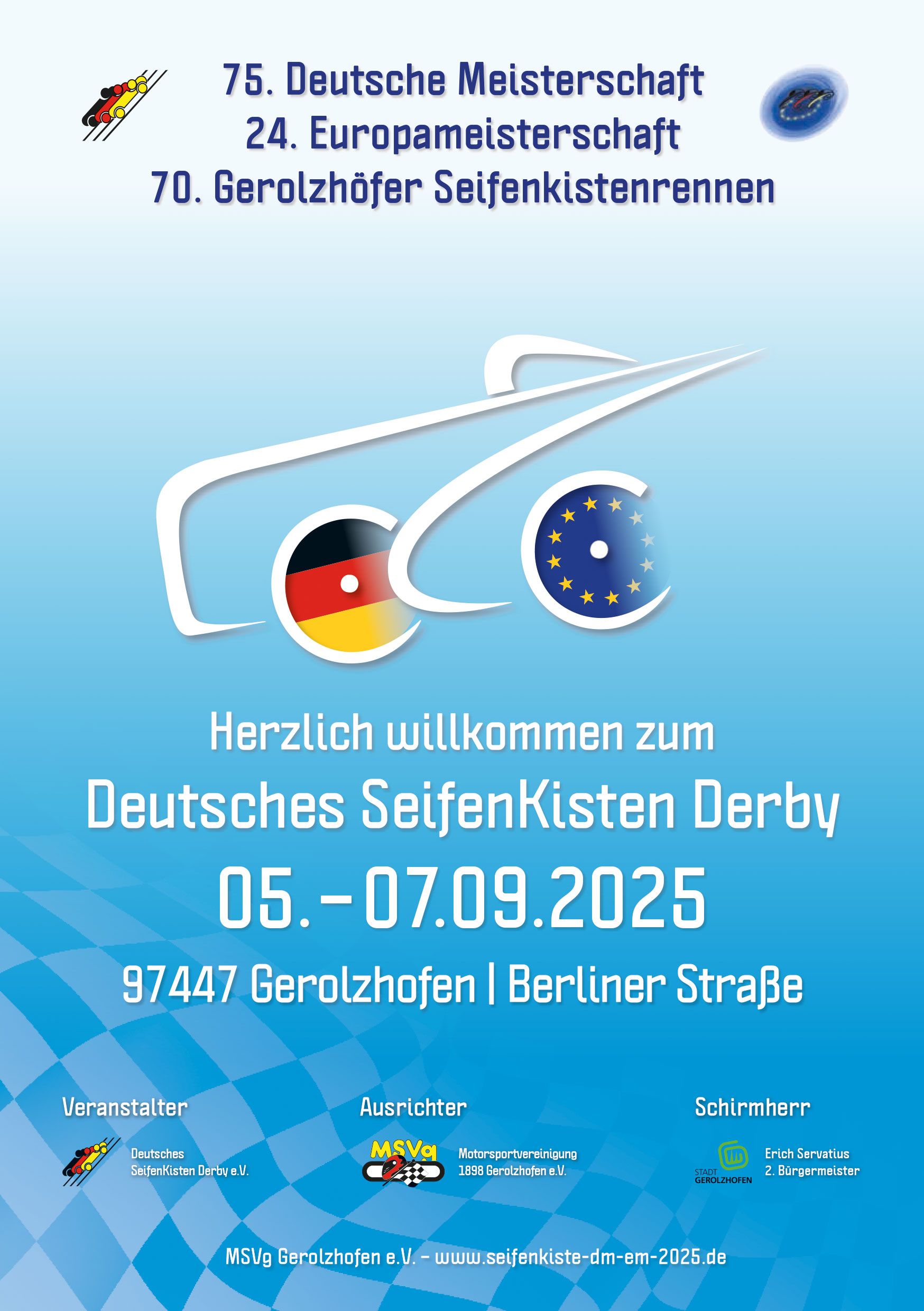 Flyer zur 75. Deutschen Meisterschaft, 24. Europameisterschaft, 70. Gerolzhöfer Seifenkistenrennen 2025 - Titelseite