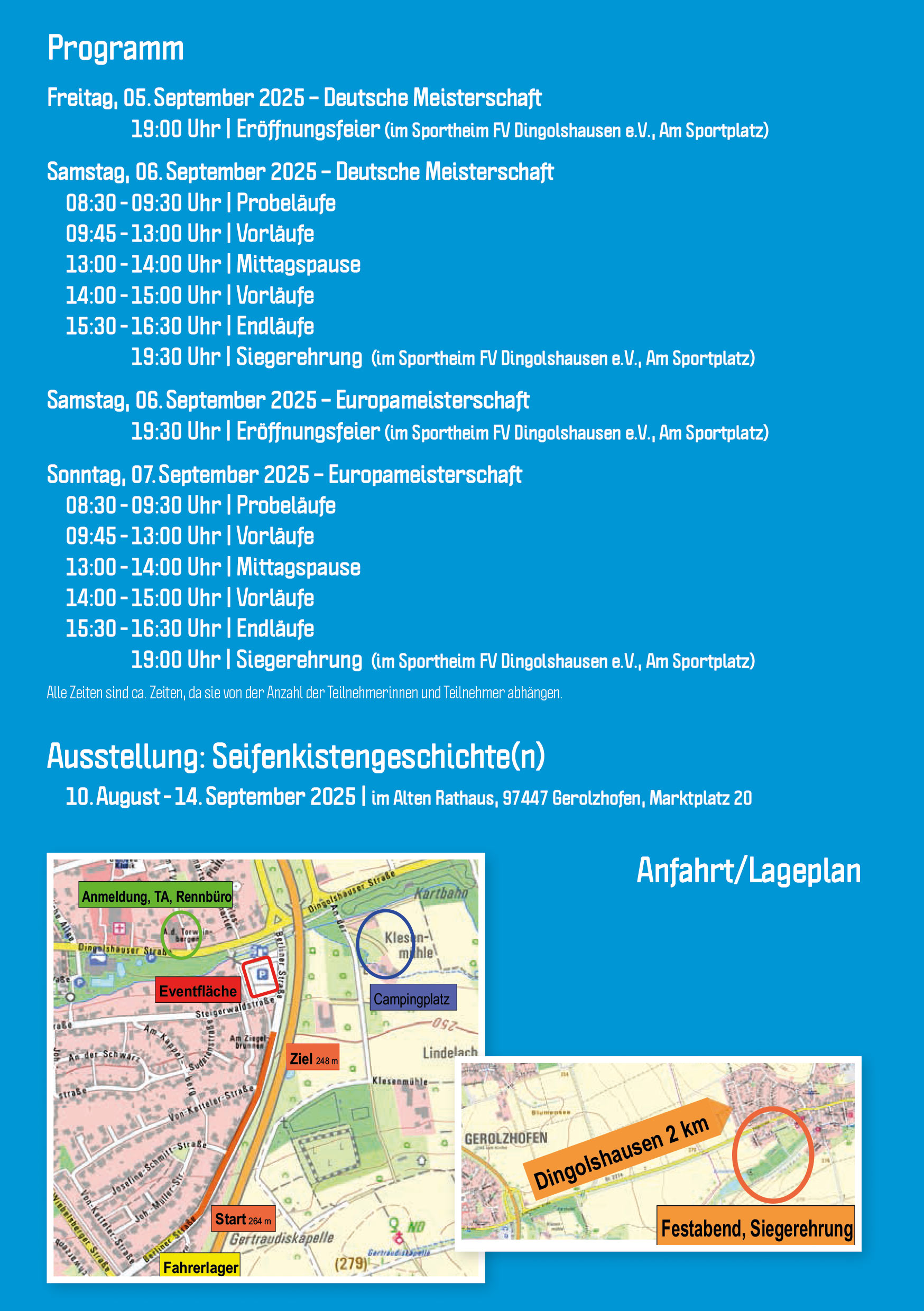 Flyer zur 75. Deutschen Meisterschaft, 24. Europameisterschaft, 70. Gerolzhöfer Seifenkistenrennen 2025 - Programm
